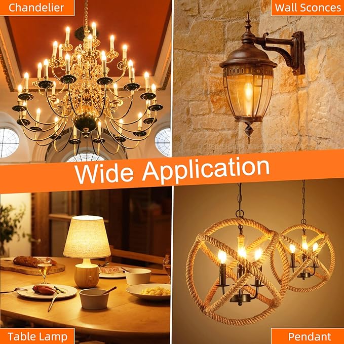 E12 Candelabra Bulb 40 watt Equivalent, E12 LED Bulb Dimmable Chandelier Light Bulbs, 2200K Amber Warm, B10 Candle Light Bulb, 90+CRI, 400LM, Amber Glass Finish, 12 Pack