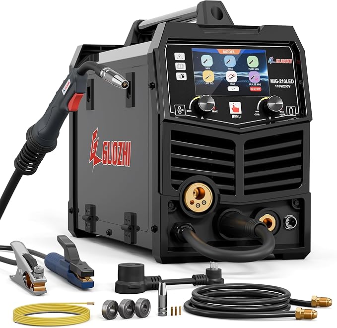 GZ GUOZHI MIG Welder 210A with Pulse, 8 in 1 Gas MIG/MAG/Gasless Flux Core MIG/Lift TIG/Stick/Spot Welding/Spool Gun, Aluminum Welding Machine 110V/220V Dual Voltage Multi-Process Welder LED Display