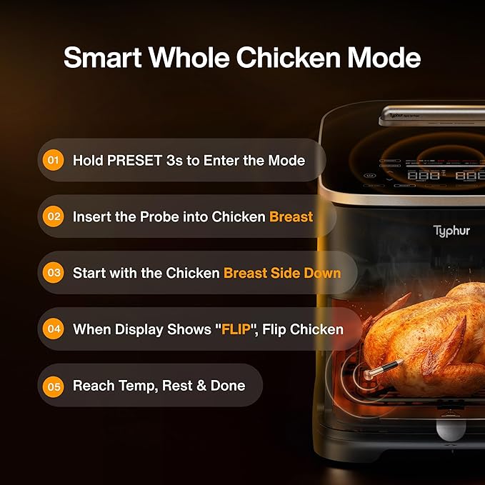 Typhur 8QT Sync Air Fryer with Built-in Wireless Meat Thermometer, 9-in-1 Smart Airfryer with Ceramic Nonstick Basket for Quick Easy Meals, 450°F Max, Cooks 6lb Whole Chicken, Dishwasher Safe, 120V