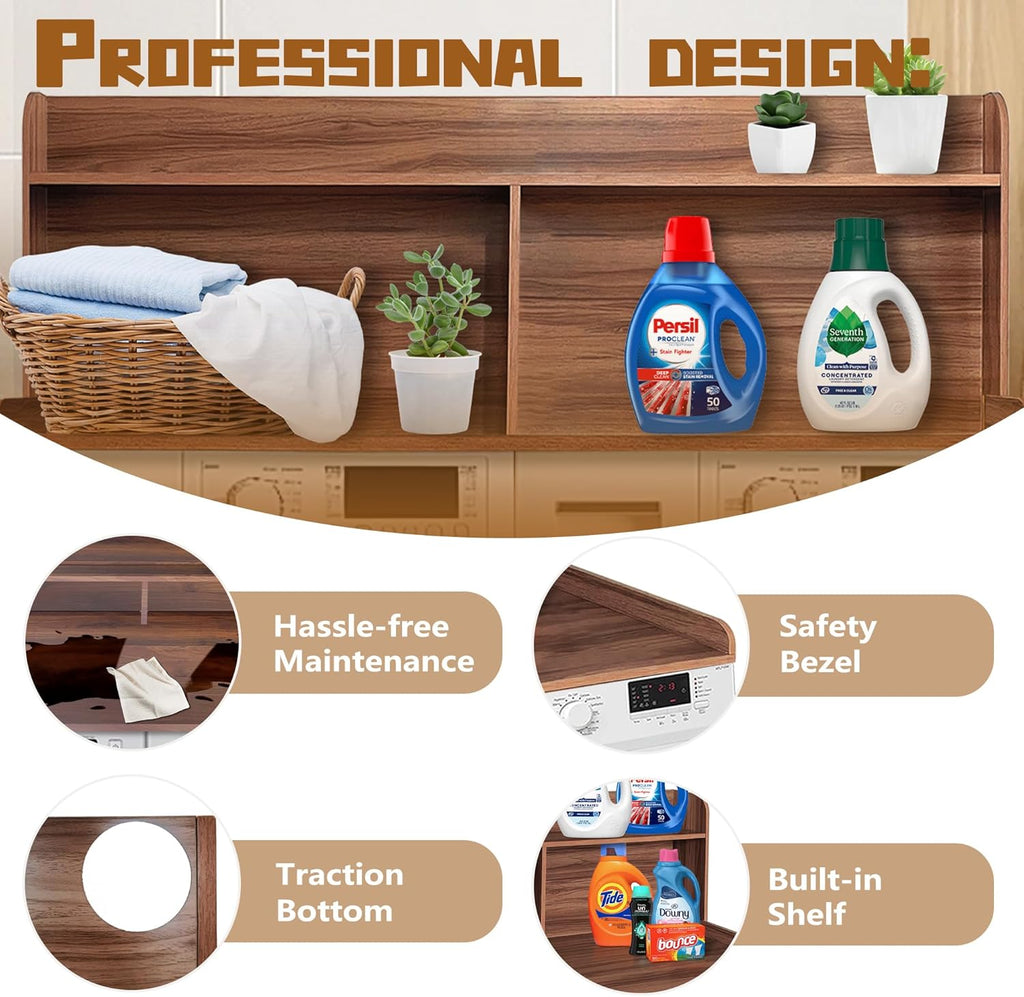 Royxen 2-Tier Washer Dryer Countertop,19.5" H Wood Washer and Dryer Topper with Shelf,Laundry Countertop Over Washer and Dryer, Universal Fit for Laundry Room Organization (Walunt, 54" WX27.5 D)