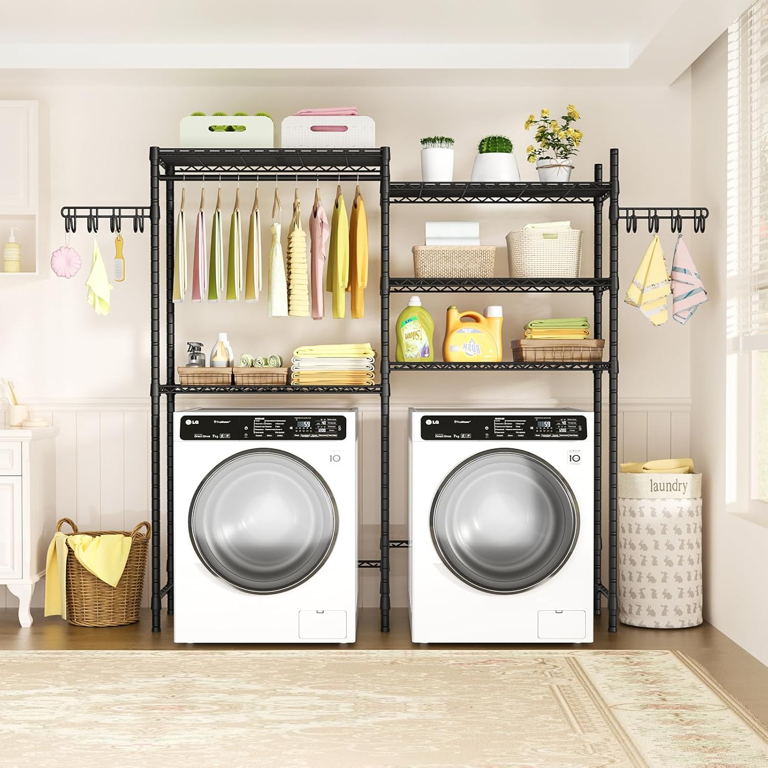 Ulif U5 Over the Washer and Dryer Storage Shelf, Laundry Room Space Saver Bathroom Storage and Organizer Rack for Hanging Towels and Drying Clothes with 5 Wire Shelves, 58.2"W x 13.4"D x 77.5"H, Black