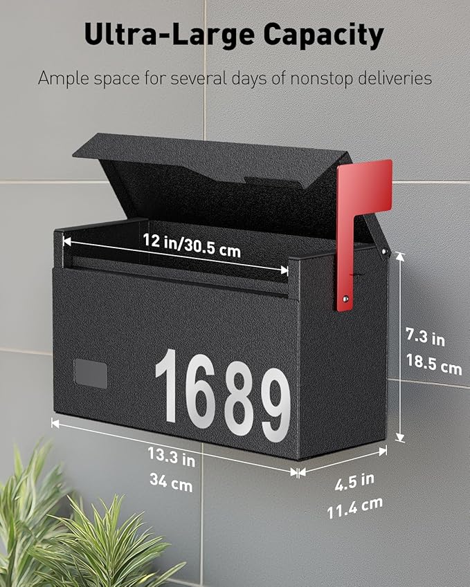Uniclife Mailboxes for Outside, Wall Mount Mailbox with Flag and Mailbox Number Stickers, Large Metal Mail Box for House, Modern Post Box for Outdoor Office Home, (No Locking Mechanism)