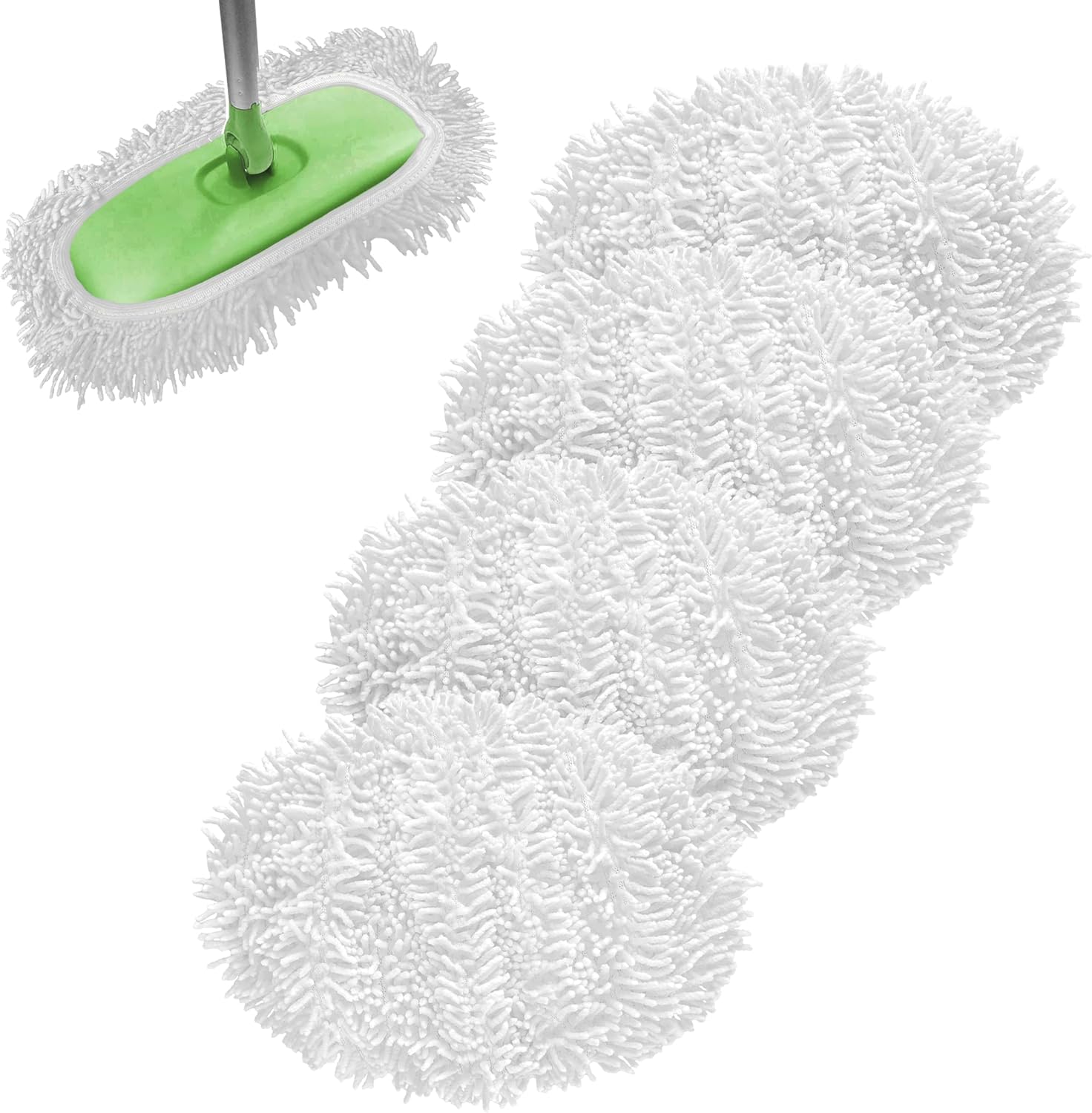 Reusable Microfiber Chenille Mop Pads Compatible with Swiffer Sweeper, Dry Sweeping Cloths & Wet Mopping Cloths, Refills for Hardwood Surface Floor Cleaning, 4 Pack (White)
