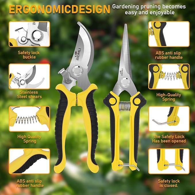 4-Pack Multifunctional Garden Scissors Set-Yellow-BIDMLI Stainless Steel Pruning &Floral Shears with One-Piece Handle Blades Tree Pruning, Flower Trimming, Fruit Picking Tasks Home&Garden Tool.