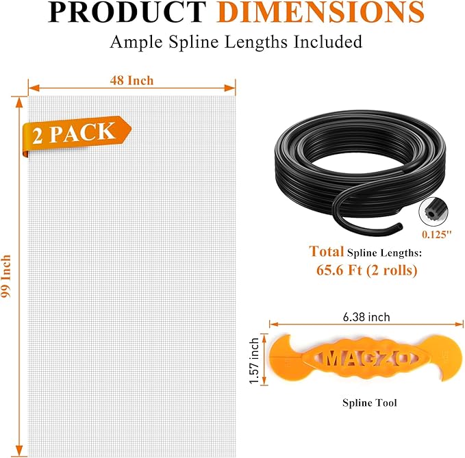 2PACK MAGZO Window&Door Screen Replacement Kit, 48''W x 99''L, with Retainer Spline (Total 65.6 FT) and Press-Fit Roller Tool, Scratch-Proof Polyester, Mesh Roll Repair for Patio, Pet Friendly, Grey