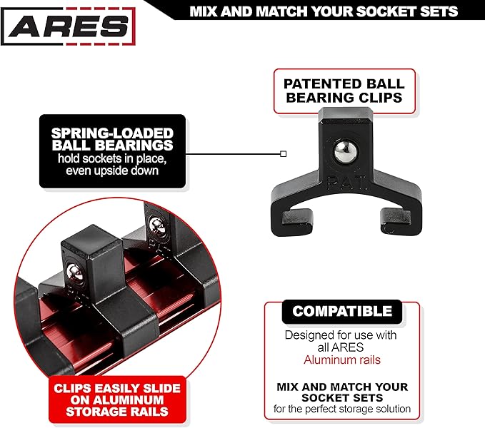 ARES 70202-3/8-Inch Drive Red Aluminum Socket Organizer - Store up to 16 Sockets and Keep Your Tool Box Organized - Sockets Will Not Fall Off this Rail