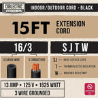 Weatherproof Black Extension Cord 15 ft, 16/3 SJTW 15 Foot Outdoor Extension Cord 3 Prong, 13 Amp Heavy Duty Exterior Power Cable Great for Outside, Landscaping & Lawn - UL Certified