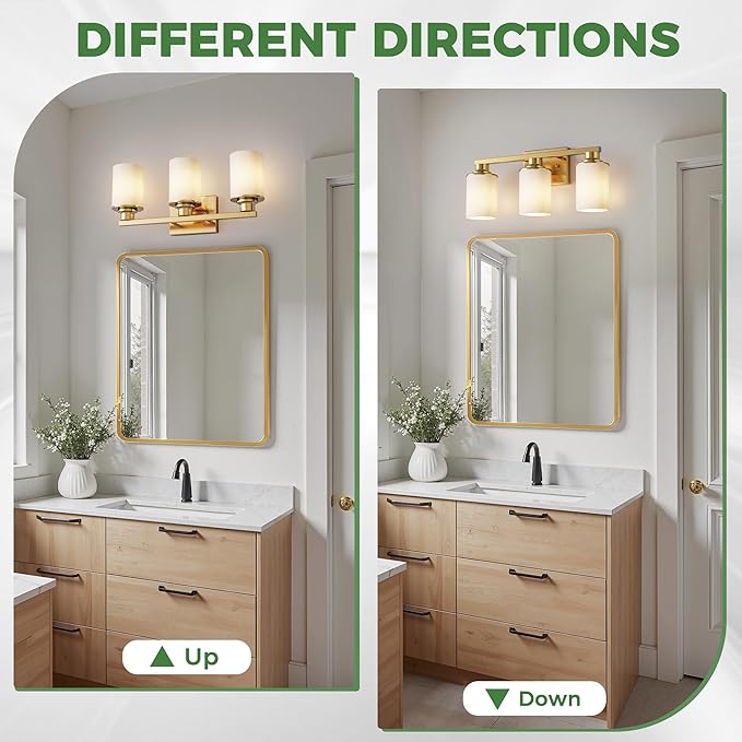 DORESshop 17 Inch Bathroom Light Fixtures, 3-Light Brass Bathroom Lighting Fixtures Over Mirror with Milk Glass Shade, Vanity Lights for Living Room Bedroom