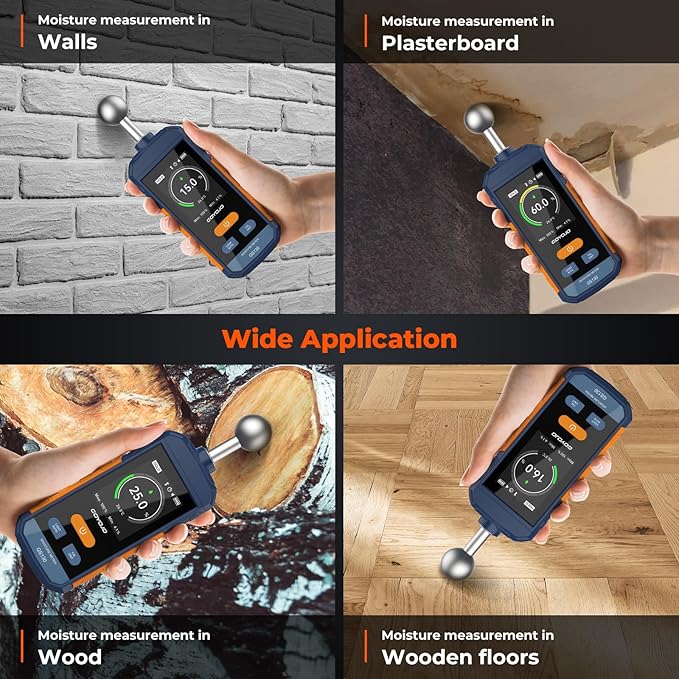 Pinless Wood Moisture Meter for Walls & Drywall | Digital Moisture Detector, Concrete Moisture Meter & Firewood Reader | GS130 USB-C Rechargeable Humidity Tester