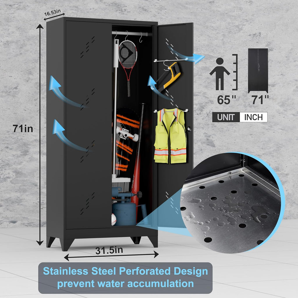 71'' Metal Storage Cabinet with Doors, Multifunctional Bathroom/Garage Lockable Steel Cabinet, Broom Closet Storage with Hanging Rod (Style-1)