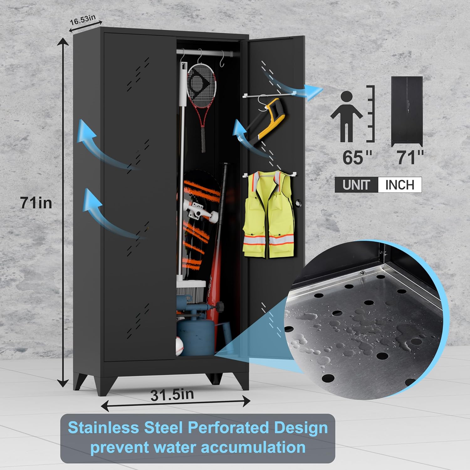 71'' Metal Storage Cabinet with Doors, Multifunctional Bathroom/Garage Lockable Steel Cabinet, Broom Closet Storage with Hanging Rod (Style-1)