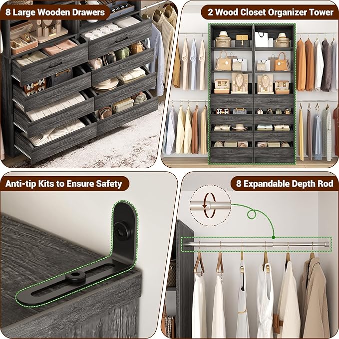 Aheaplus Closet System Set of 2, 4-9Ft Wood Closet Organizer with 8 Drawers & Shelves, Closet Organizer System with 8 Hanging Rods, Walk-in Closets Organizer Wardrobe Closet Rack, Black Oak1