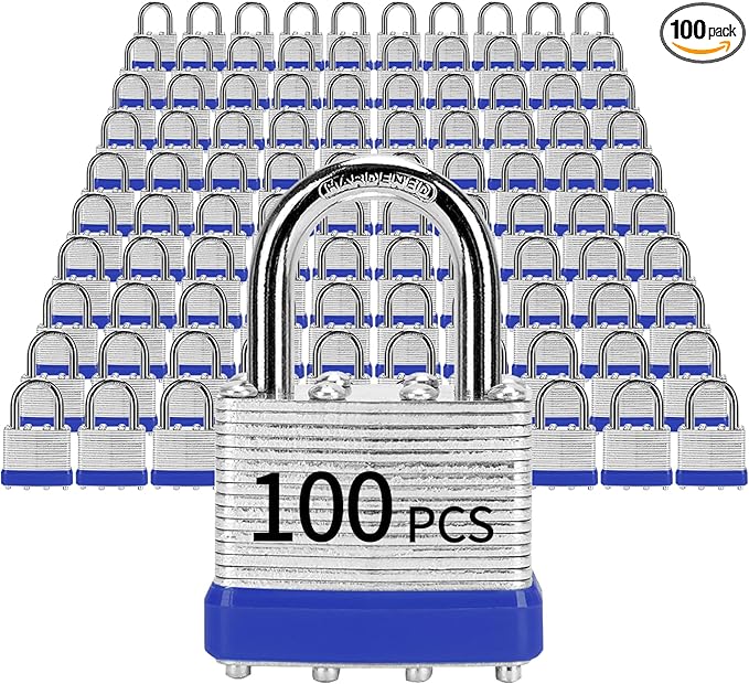 Padlocks with Same Key, LQYN 100 Pcs Laminated Keyed Padlock (1-9/16", 40mm), Keyed Alike Locks, Normal Shackle, for Storage Locker, Hasp Latch, Toolbox, Sheds