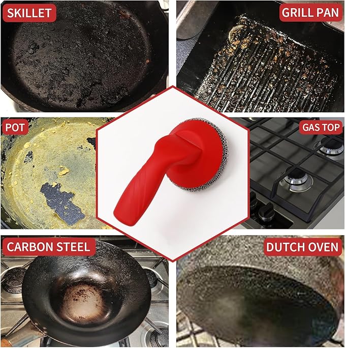 Cast Iron Cleaner Scrubber with Handle -3mm Welded Chain Mail Cast Iron Scrubber Brush-Chainmail Sponge Scrub Cleaning Tool to Clean Skillets, Pan,Griddle, Wok, Dutch Oven