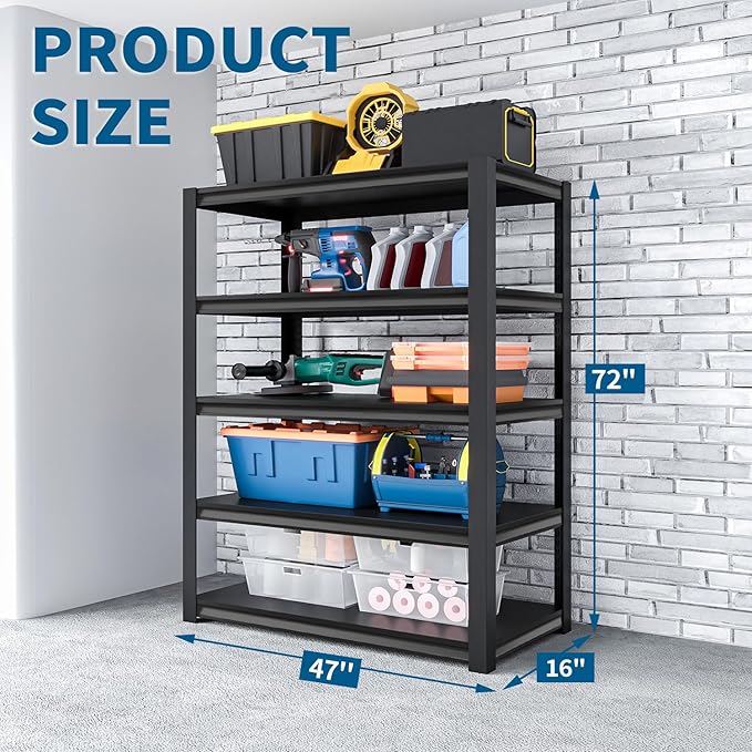 Shelving Units and Storage, 3000LBS Garage Storage Shelves, 5 Tier Shelving Unit, Steel Industrial Shelving, Adjustable Standing Shelf for Garage, Pantry, Closet 72" H x 47" W x 20" D, Black