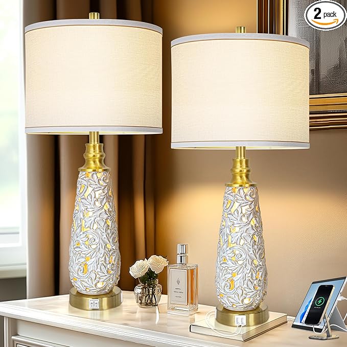 29" Ceramic Table Lamps Set of 2 with Night Light - Lamps for Nightstand,Bedside Lamps with USB Ports,Nightstand Lamps,Modern Table Lamps with White Linen Shade for Living Room,Bedroom(Bulb Included)