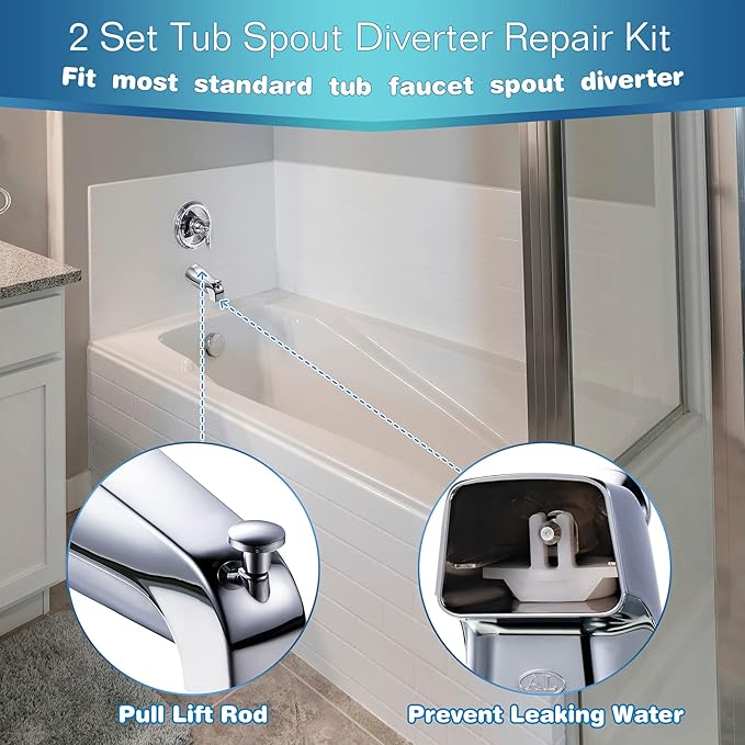 Enhon 2 Set Tub Spout Diverter Repair Kit, Includes 2 x Diverter Valve Stems, 2 x Cup Seals and 2 x Gates, Bathroom Shower Bathtub Leaky Faucet Repair Replacement Parts (Chrome,Classic)