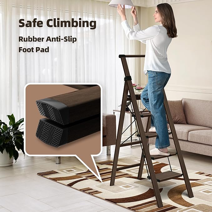 HillhutApex 5 Step Foldable Aluminum Step Ladder with Handgrip, Anti-Slip Pedal, 330lbs Capacity, Lightweight & Portable for Home, Kitchen, Office, Garage (Walnut)