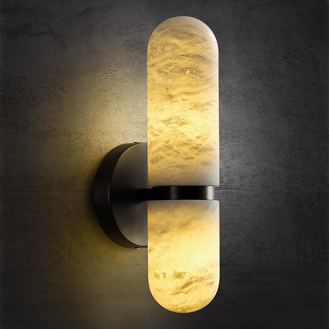 Alabaster Wall Sconces, 13in Black Alabaster Sconce, Modern Spanish Natural Marble Sconces Lights, Sconces for Bathroom Vanity Bedroom Living Room Staircases Hallway