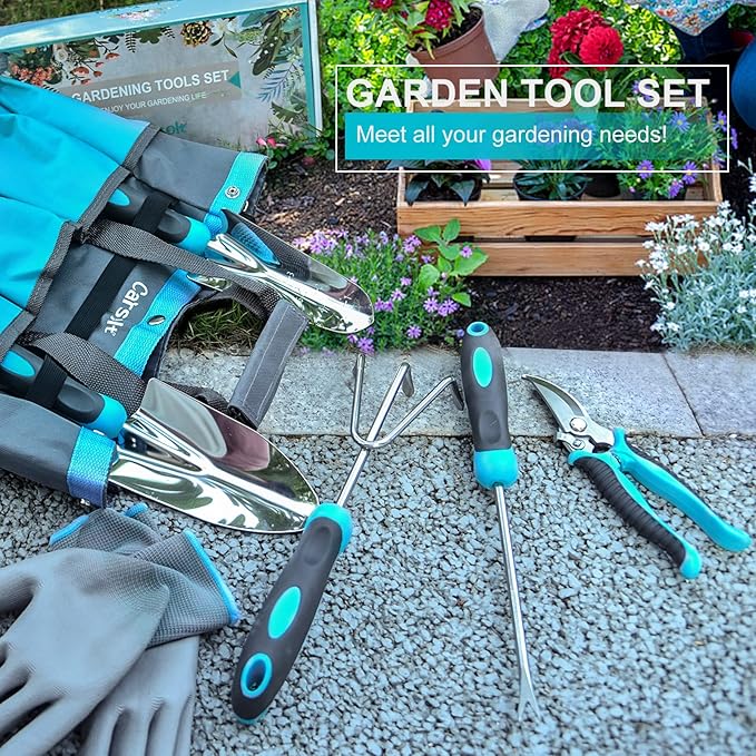 Gardening Tools, Carsolt 10 Piece Heavy Duty Stainless Steel Garden Tools Set with Ergonomic Rubber Handle. Variety of Gardening Hand Tools with Gift Box Ideal Garden Gifts for Women