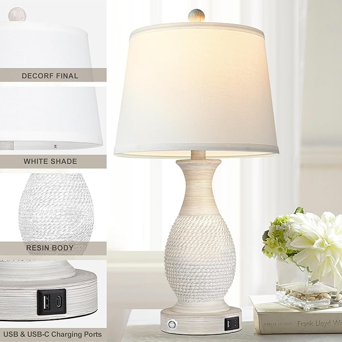 PARTPHONER Set of 2 Table Lamps with USB C+A Fast Charging Ports, 26" Tall Farmhouse Living Room Lamp with 3-Way Dimmable Nightstand Lamp White Fabric Shade for Living Room Bedroom Home Office