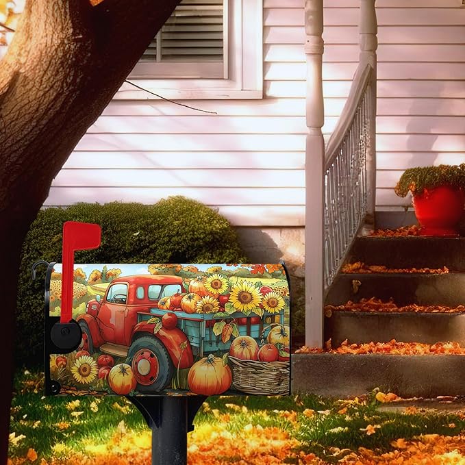 Fall Autumn Pumpkins Mailbox Covers Magnetic Large Size 25.5 X 21 Inch Autumn Harvest Yellow Sunflower Mailbox Wraps Cover Red Truck Thanksgiving Letterbox Cover for Garden Yard Outdoor Decor