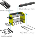 Wall Mount Drill Storage Rack with Charging Station Power Tool Organizer Drill Holder Drill Bit Organizer for Garage Workshop Holds 4 Drills with 8 Outlet Power Strip Christmas Gift(Green Three Layer)