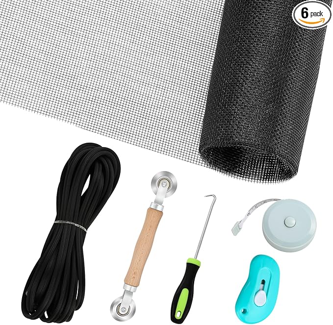 Windows Screen Replacement and Screen Door Repair Kit, 6Pcs Window Screen Fiberglass Mesh Kit - Window Screen & Screen Door Mesh & Screen Porch Repair Kit (Black, 48" x 118")