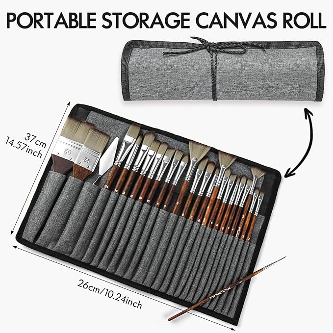 25pcs Paint Brush Set, Fuumuui Acrylic Paint Brushes, Professional Artist Series with Wide Flat, Filbert, Fan, Dagger, Cat Tongue, Round, Angle, Rigger for Oil, Acrylic Canvas Paintings, Face Painting