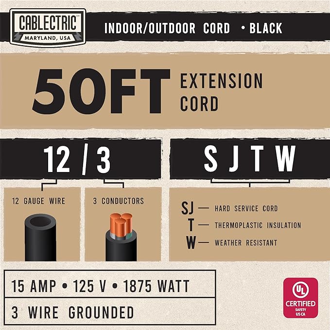50 Ft Black Oil Resistant Extension Cord for Farms & Ranches - 12/3 SJTOW Heavy Duty 12 Gauge Outdoor Cable with 3 Prong Grounded Plug, 15 AMP
