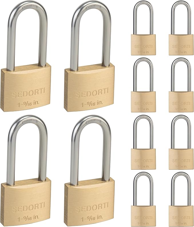12-Pack Keyed Alike Locks with Key# 44123, Solid Brass Padock with 304 Stainless Steel Long Shackle, Weatherproof Locks for Outdoor Use