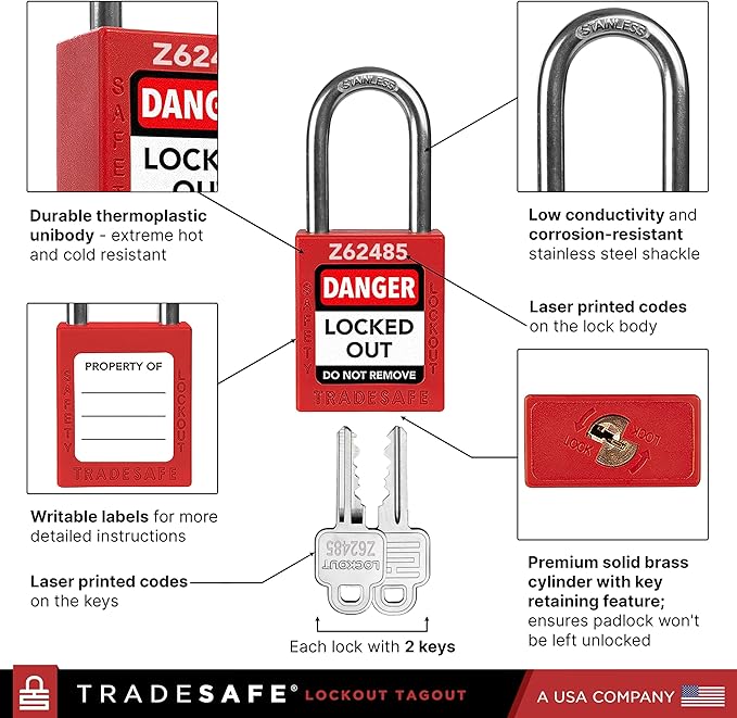 TRADESAFE Lockout Tagout Locks Set - 10 Red Keyed Alike Padlocks, 2 Keys Per Lock, OSHA Compliant Loto Locks for Lock Out Tag Out Stations, Premium Grade