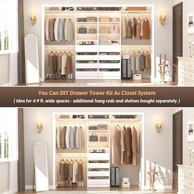 Aheaplus Wood Closet Organizer with 4 Drawers, 21.3" Closet System Tower with Open Shelves, Modular Walk-in Drawers System, Tall Storage Cabinet Unit, White