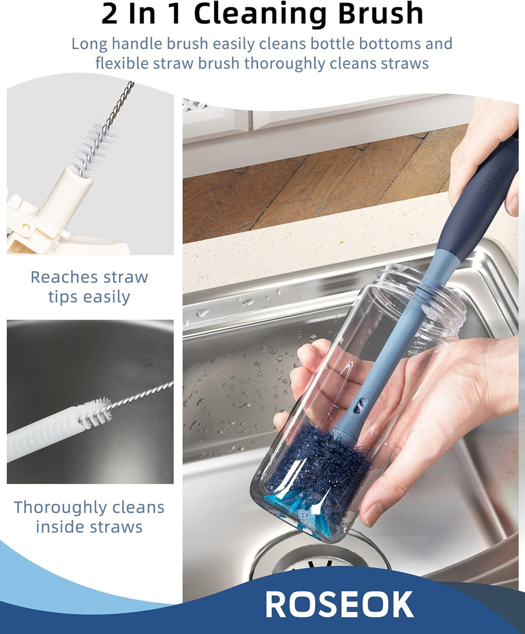 2in1 Bottle Scrubbing Brush with Straw Brush has Long and Comfortable Handle, Cleaning Glass, Sports Bottle, Coffee Mug,1 Pack, Grayish Blue