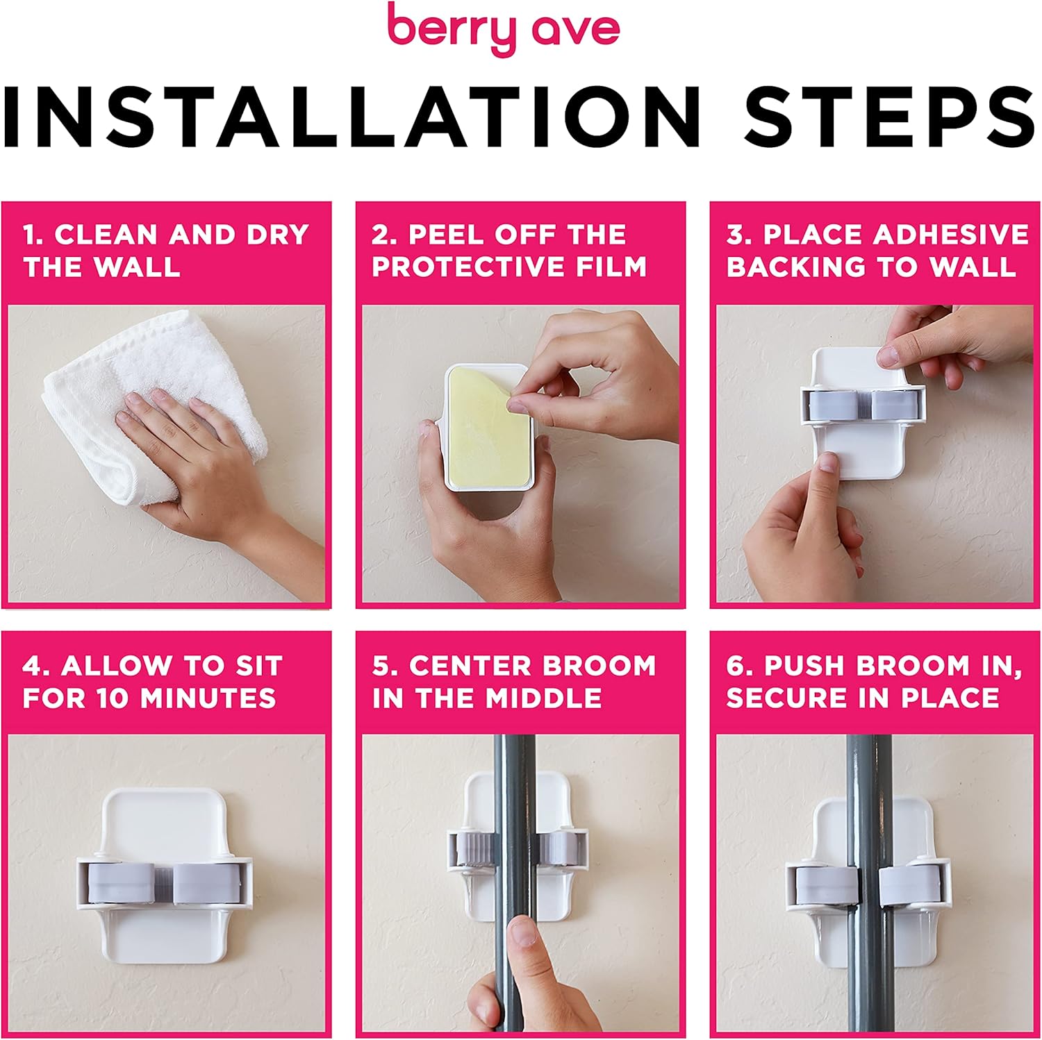 Combo 5 Slot Broom Holder w/ 1 Self Adhesive Mop Gripper No-Drilling, Wall Mount Tool Organizers For Kitchen, Garage, Laundry Room- Anti-Slip Hanger For Brooms, Mops, Rakes, Dustpans (Grey / White)