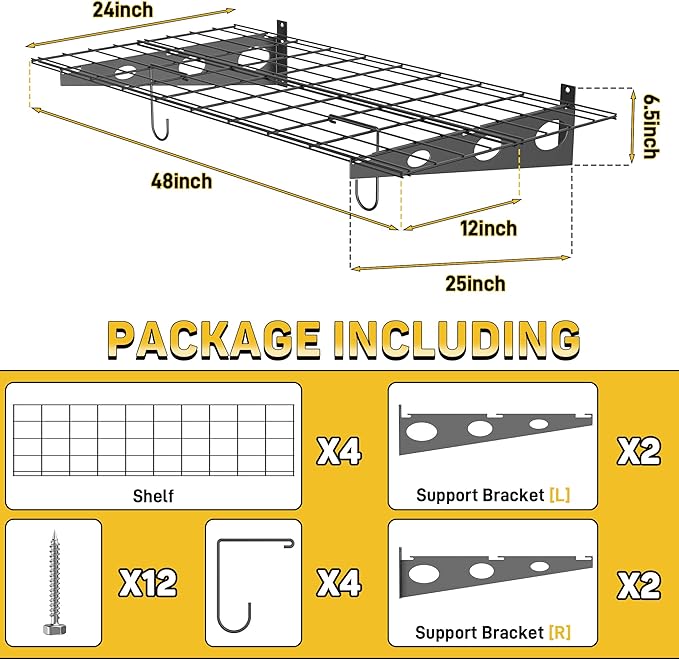 Ultrawall Garage Wall Shelves, 2 x 4 ft Wall Mounted Storage Shelves, Heavy Duty Wall Shelving with Hooks, Holds Up to 220 Lbs, 2Pack, Black