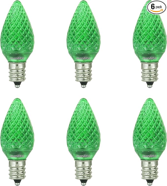 Sunlite 80701 LED C7 Holiday Decorative Light Bulb, 0.4 Watts, E12 Candelabra Base, Faceted Christmas-Lights; Nightlight, Green 6 Count