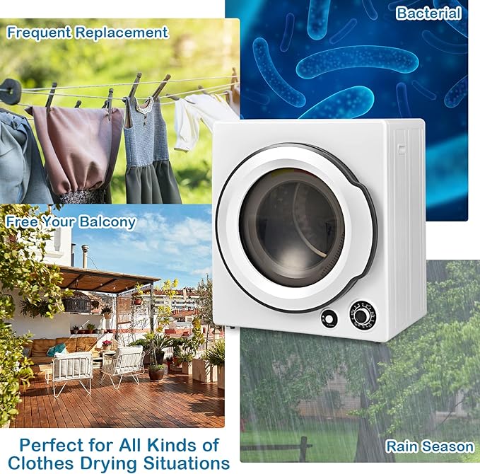 LDAILY Laundry Dryer, Electric Clothes Dryer with Timer, 2 Heating Options, 4 Drying Modes & Cold Air Care Function, Compact Dryer with Stainless Tub, Multi-layer Filtration for Home 1350W, White