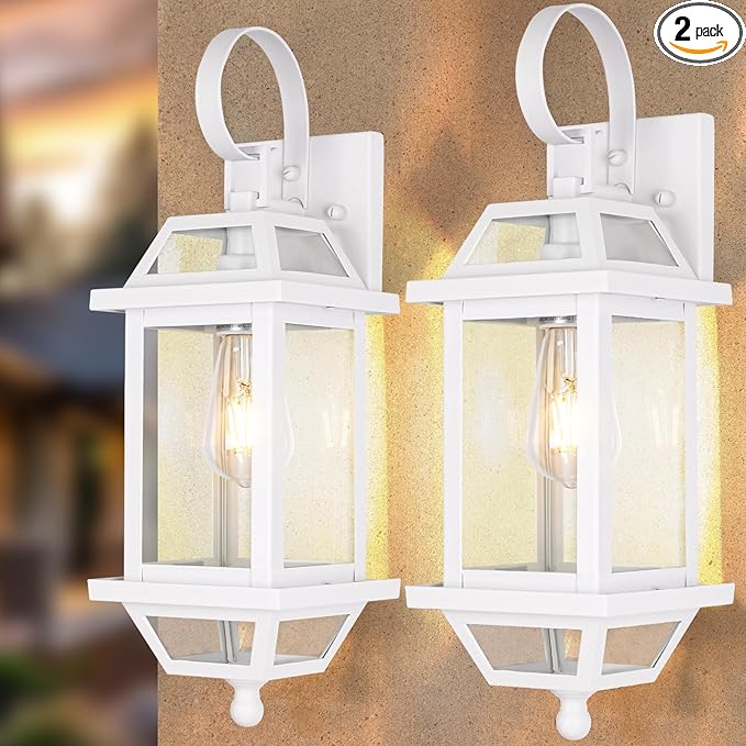 White Outdoor Wall Lantern 2-Pack, Large 18" Aluminum Exterior Wall Sconce Outdoor Porch Lights with Clear Glass, White Carriage Lights Outdoor Enclosed Bottom Outdoor Wall Light for House ETL listed