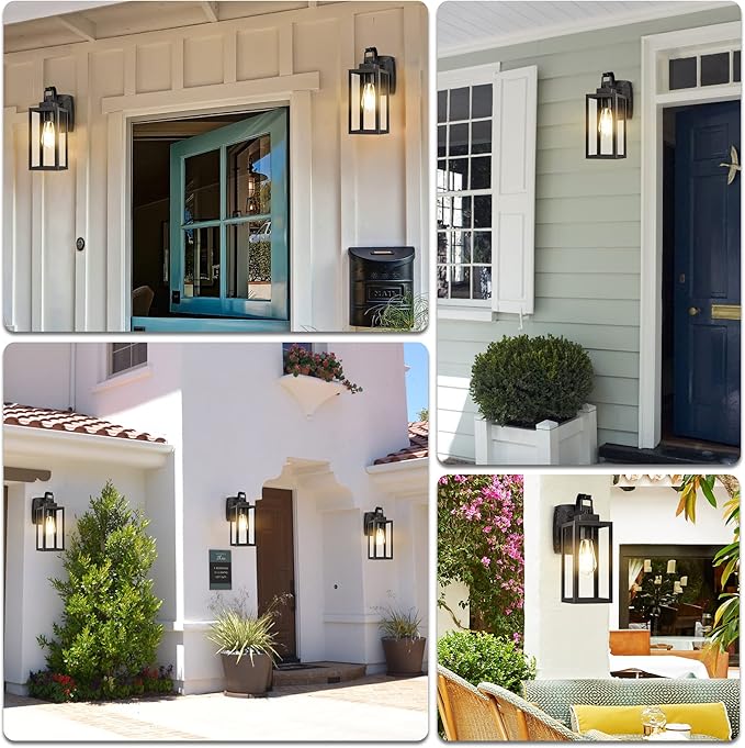 Pia Ricco Outdoor Porch Lights with GFCI Outlet, Matte Black Outside Wall Lantern with Clear Glass Shade, Waterproof Wall Mount Lighting Fixture, Exterior Sconce for House Patio Garage, ETL Listed