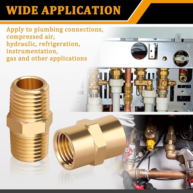 KOOTANS 12pcs Brass Pipe Fitting, NPT Hex Nipple, Coupling, 1/4" x 1/4" NPT Male Pipe, 1/4" x 1/4" NPT Female Pipe Fittings Set (6 Nipple & 6 Coupling)
