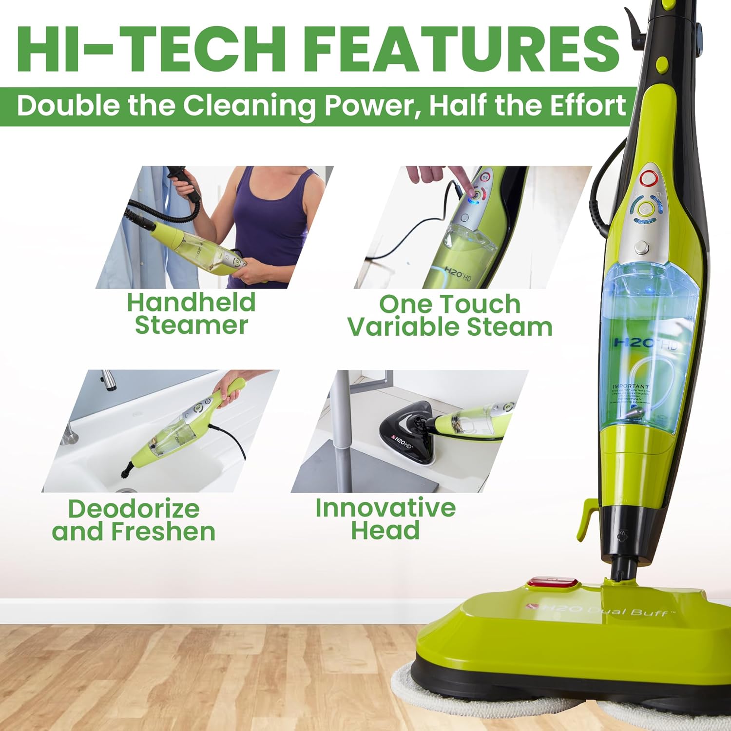 H2O HD Dual Buff Steam Mop, 8 in 1 Handheld Steam Cleaner For Kitchen Tile Floors, Hardwood Floors, Grout Cleaner, Upholstery Cleaner and Carpets, 2 washable scrub pads, 8 cleaning accessories
