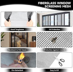 Window Screen Door Repair/Replacement Kit,48" x178" Adjustable Durable Fiberglass Window Screen Mesh,with Spline/Roller/Hook/Clips Screen Door Repair Kit,DIY Window,Porch Sliding Door(Black)