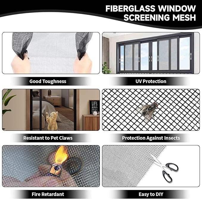 Window Screen Door Repair/Replacement Kit,59" x158" Adjustable Durable Fiberglass Window Screen Mesh,with Spline/Roller/Hook/Clips Screen Door Repair Kit,DIY Window,Porch Sliding Door(Black)