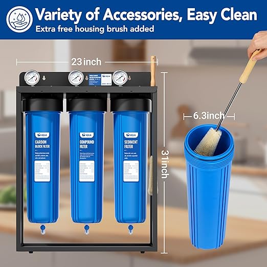 HQUA WF3-02 3-Stage Free-Standing Whole House Water Filtration System, Reduces Heavy Metals (Lead, Mercury, Copper, Nickel, Chromium), Chloramine, Sediment, Odor, and VOC’s