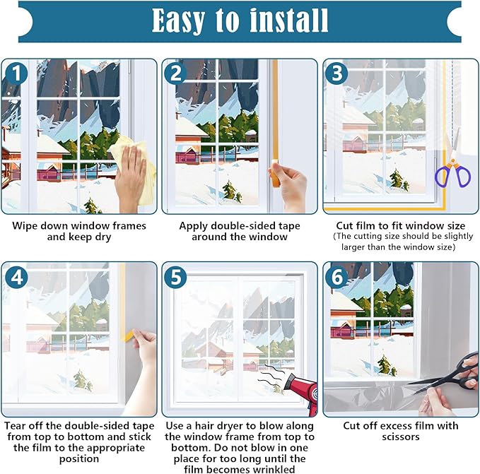 Window Insulation Kit, 87 × 394 Inch Plastic Window Coverings for Winter, Thicken Window Shrink Film Insulator Kit Windows Waterproof Winterizing with 4 Double-Sided Tape for 3 Pcs 7 x 9 Ft Windows