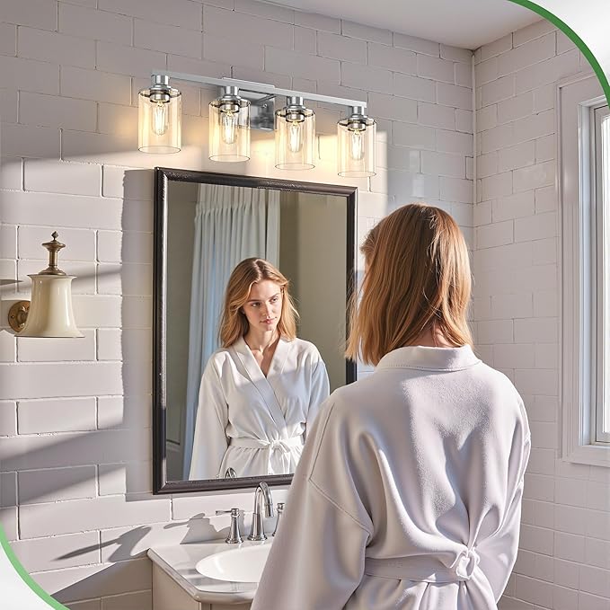 DORESshop 4-Light Vanity Light Fixtures, Chrome Bathroom Light Fixtures Over Mirror with Clear Glass Shade, Modern Vanity Lights for Living Room Bedroom