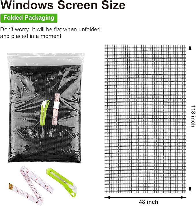 Ouskr Replacement Window Screens Kit, 48X118 Inch Durable Window Screen Mesh for Patio Porch Door Windows, DIY Adjustable Fiberglass Screen Repair Kit with Rolling Tool Hook Ruler Cutter Spline