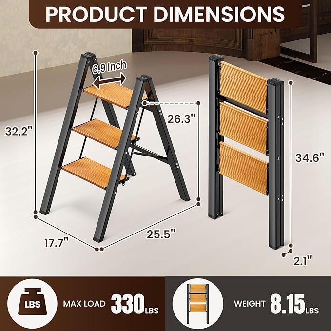 GameGem 3 Step Ladder, Aluminum Folding Step Stool with Anti-Slip Sturdy and Wide Pedal, Lightweight Portable Stepladder for Home and Kitchen Use Space Saving, 330 lbs, Black Woodgrain