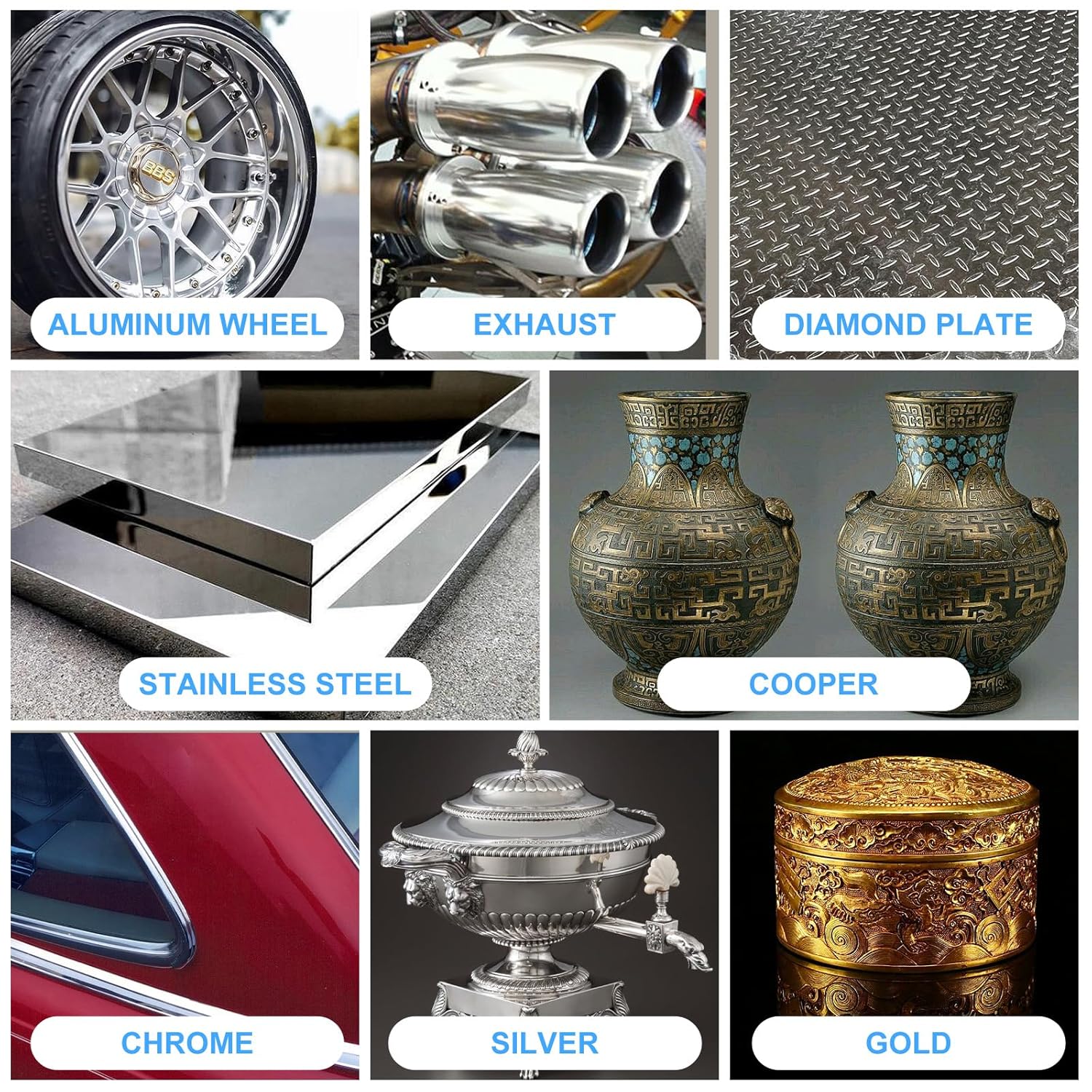 Metal Polish (16oz) & Chrome & Aluminum & Stainless Steel Polish, Multi Purpose Polish, Cleaner, Restorer and Protectant Compound for Metal Chrome Aluminum and Stainless Steel